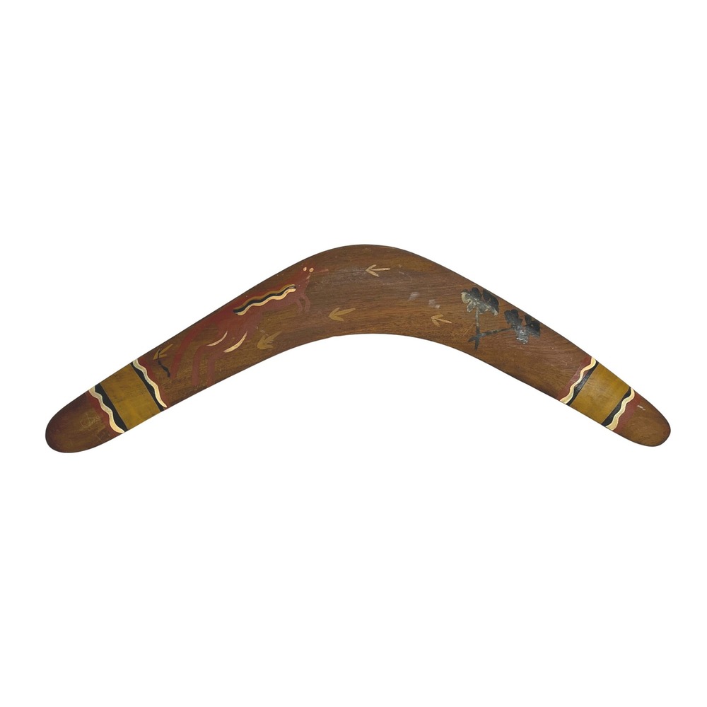Vintage Hand Painted Australian Wood Boomerang Kangaroo 16"‎ Folk Art Decor